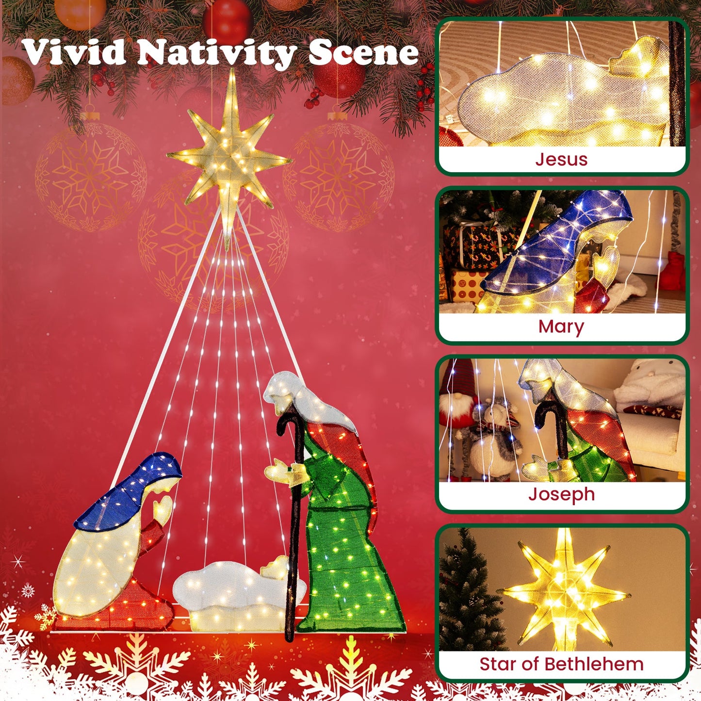 180CM Lighted Nativity Scene, Holy Family Set Christmas Decoration with 240 LED Lights