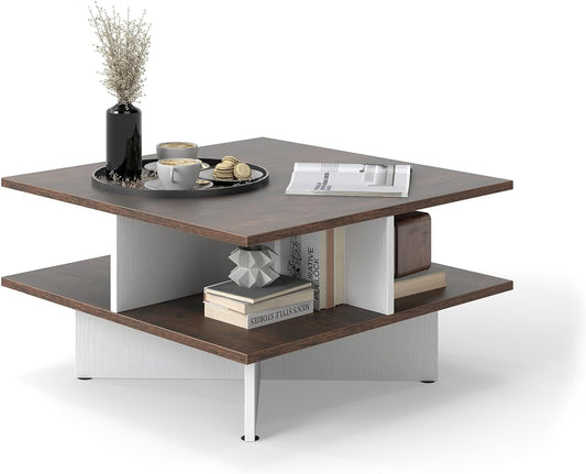 2-Tier Square Coffee Table, Living Room Center Table with 4 Storage Compartments