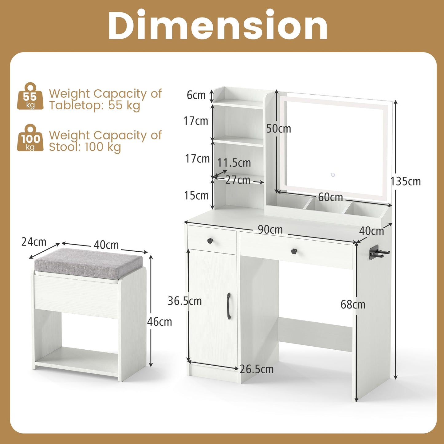 Vanity Desk with LED Lighted Mirror