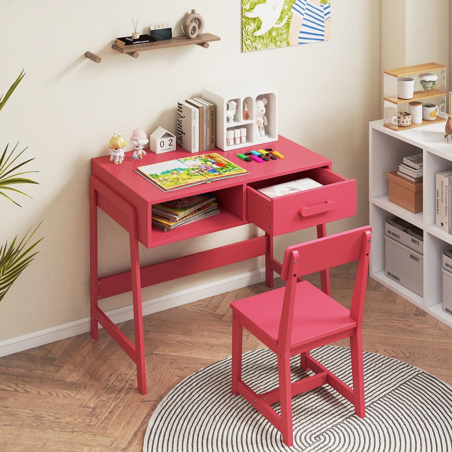 Wooden Children Study Table Set with Storage Drawer and Hutch