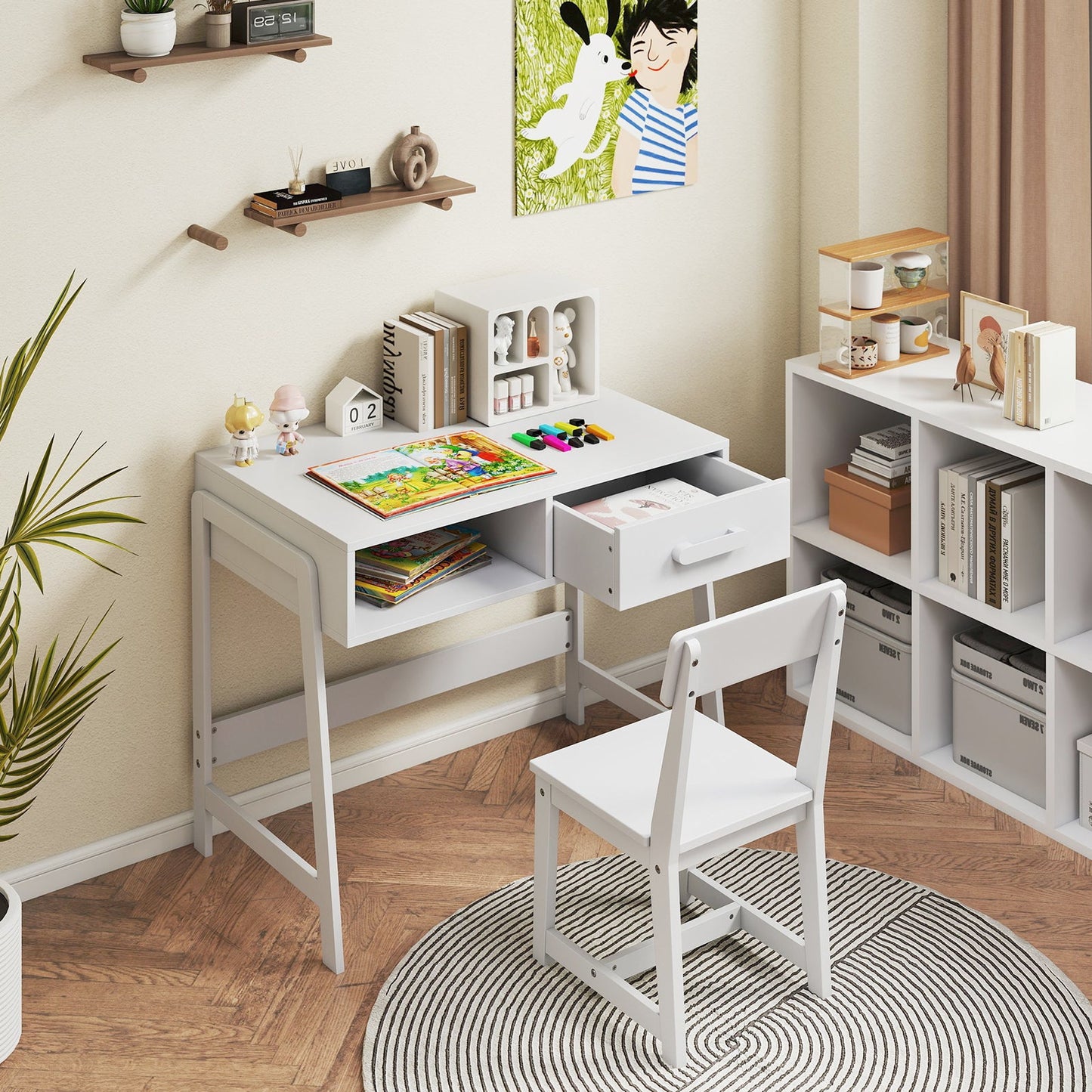 Wooden Children Study Table Set with Storage Drawer and Hutch