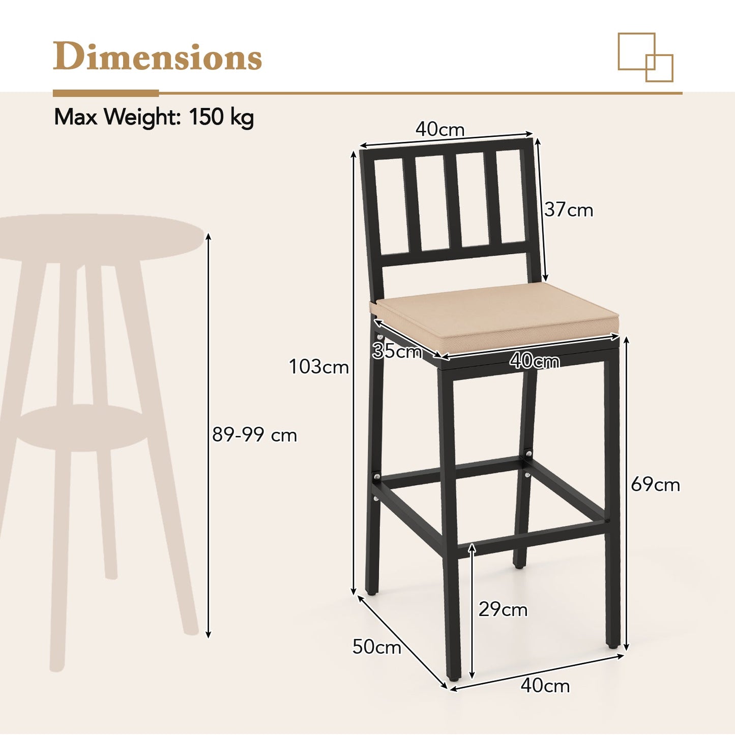 2 PCS Patio Bar Chairs, Heavy-Duty Metal Frame Bar Stools Set of 2