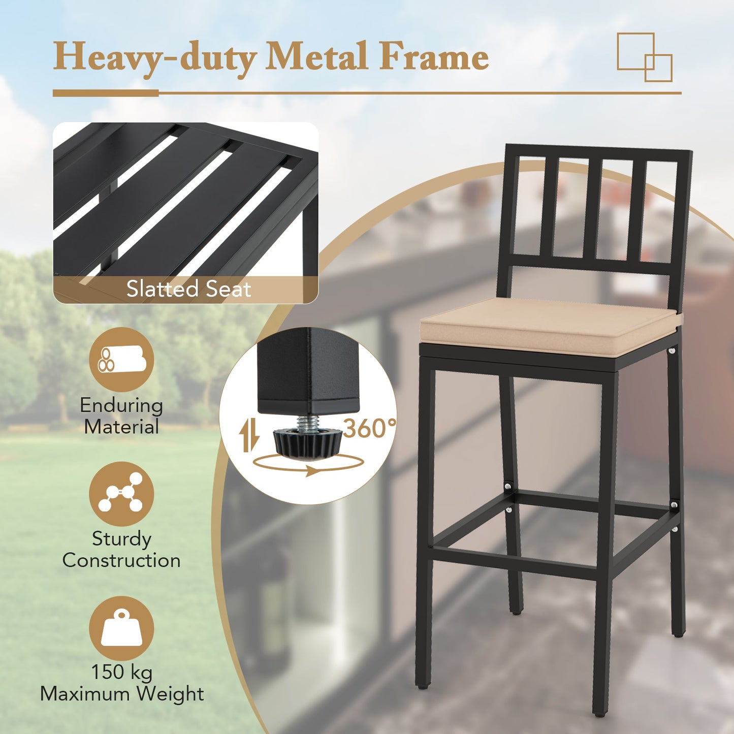 2 PCS Patio Bar Chairs, Heavy-Duty Metal Frame Bar Stools Set of 2