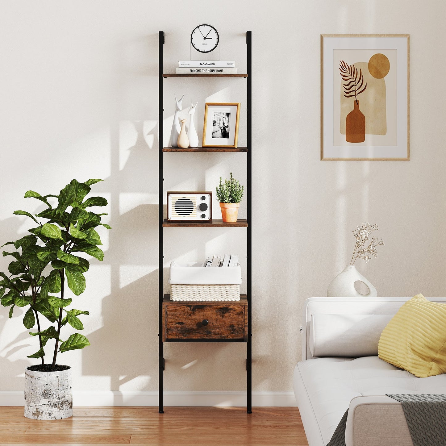 5-Tier Ladder Bookcase with Drawer