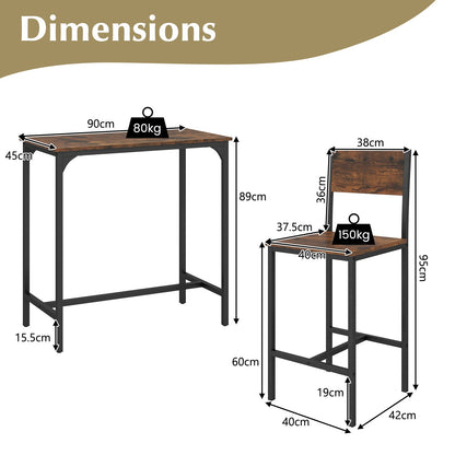 3 Piece Bar Table & Chair Set, Kitchen Table w/ 2 Bar Stools