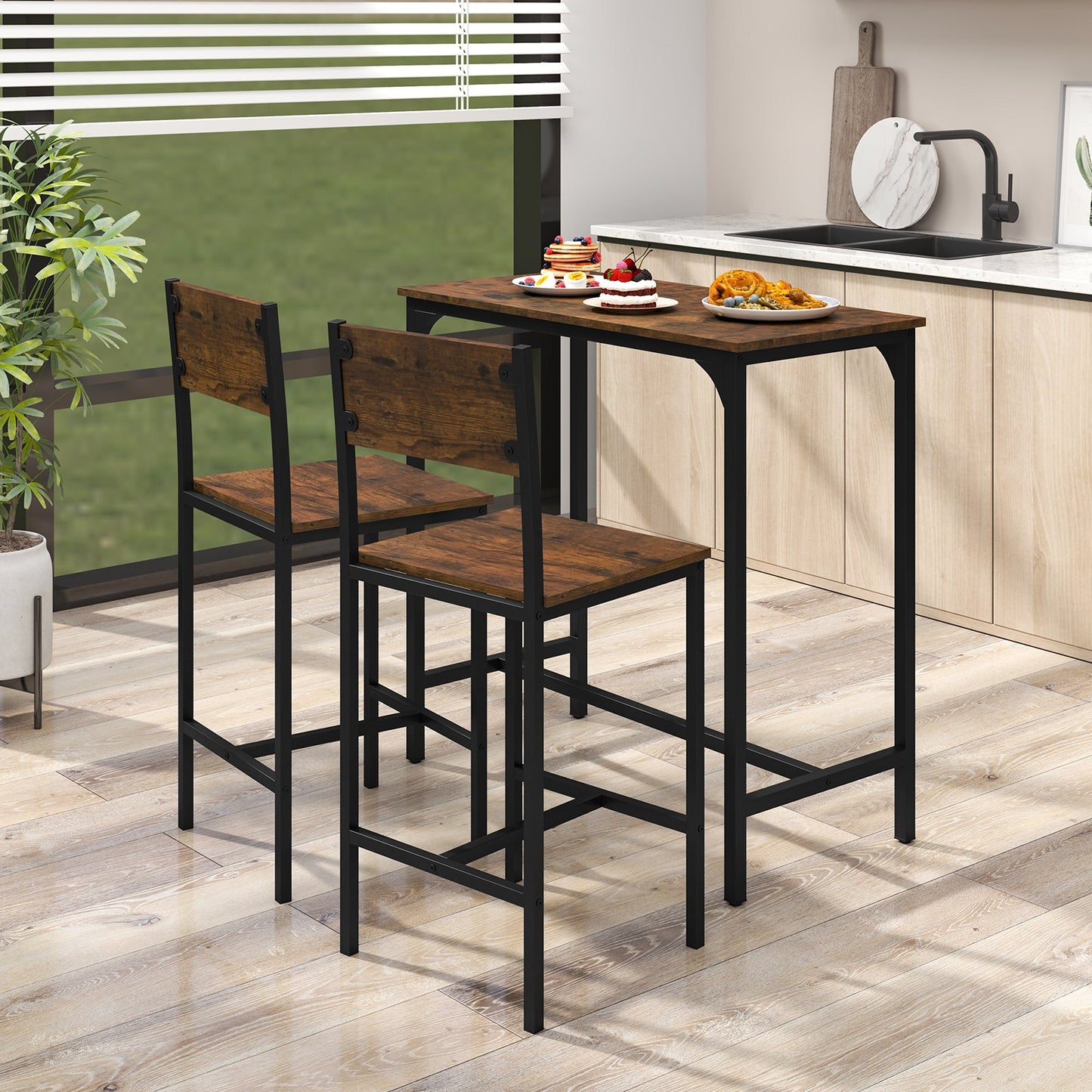 3 Piece Bar Table & Chair Set, Kitchen Table w/ 2 Bar Stools