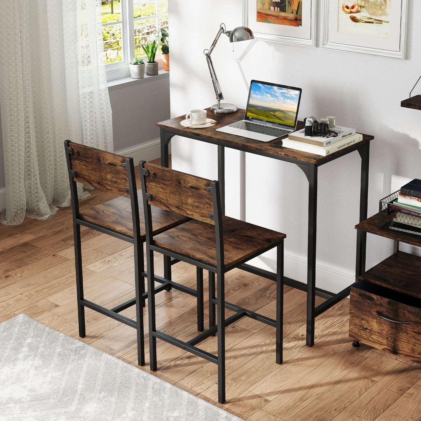 3 Piece Bar Table & Chair Set, Kitchen Table w/ 2 Bar Stools