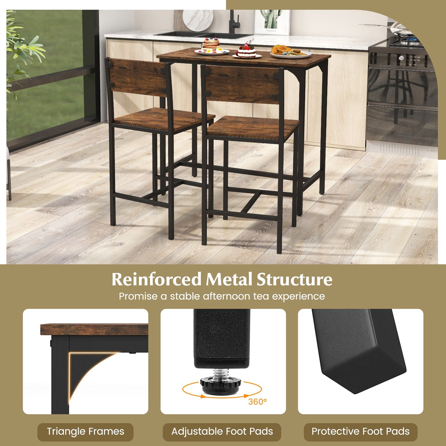 3 Piece Bar Table & Chair Set, Kitchen Table w/ 2 Bar Stools