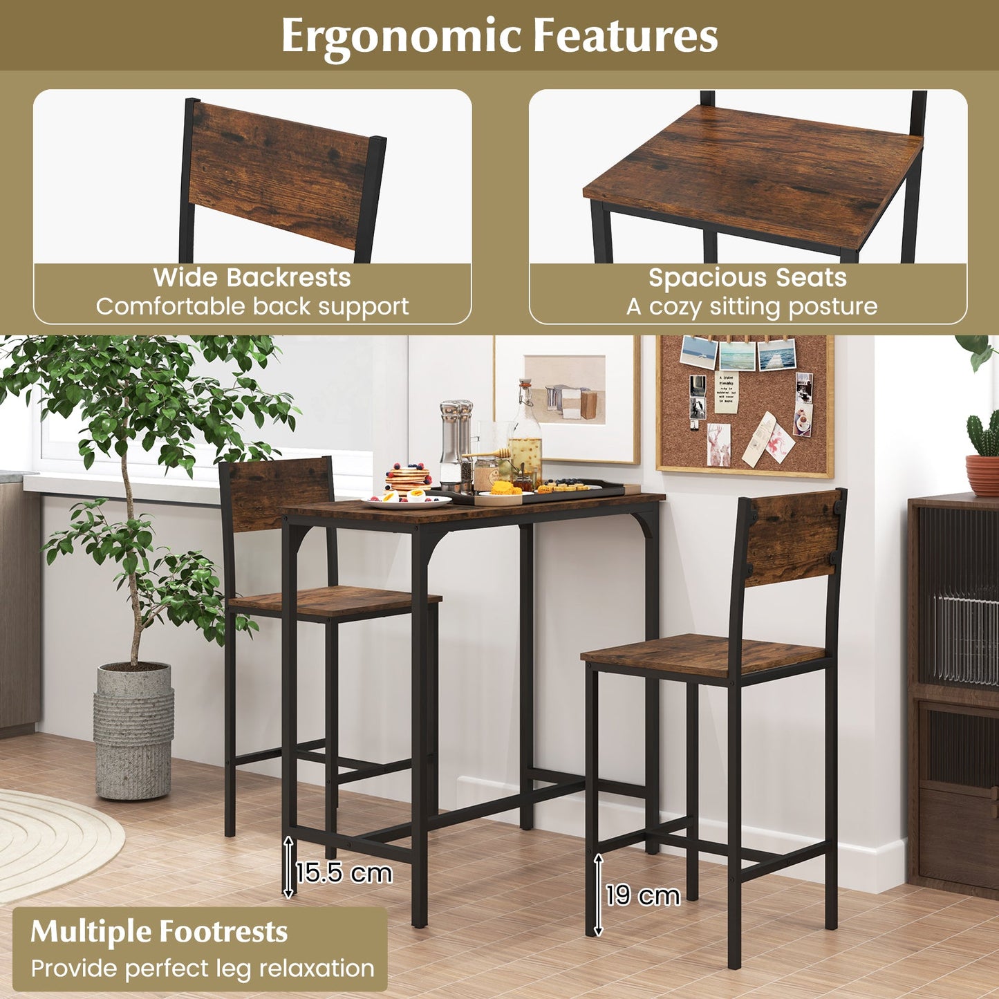 3 Piece Bar Table & Chair Set, Kitchen Table w/ 2 Bar Stools