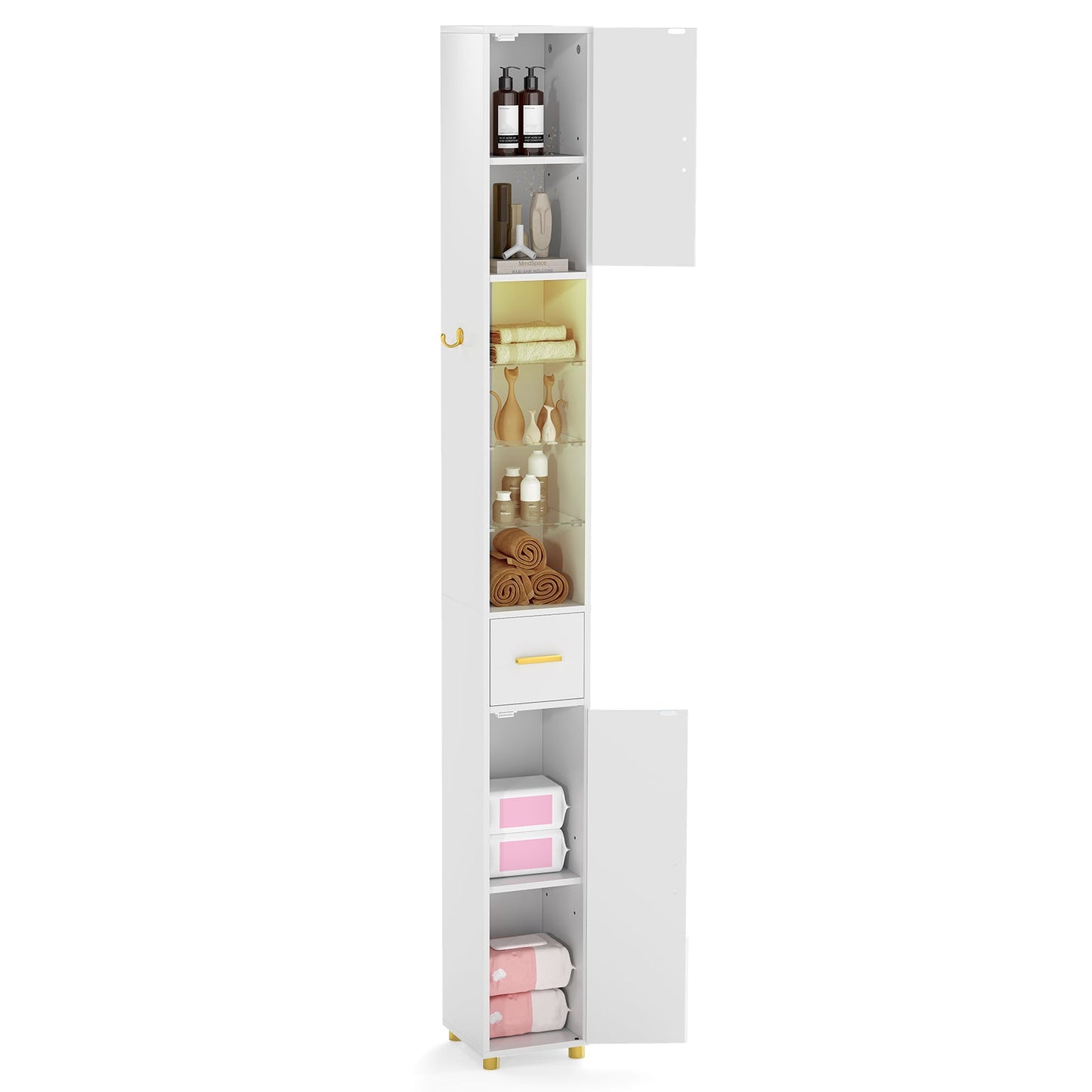 181 cm Tall Bathroom Cabinet, Narrow Storage Organizer w/ 3 Doors & Adjustable Shelves