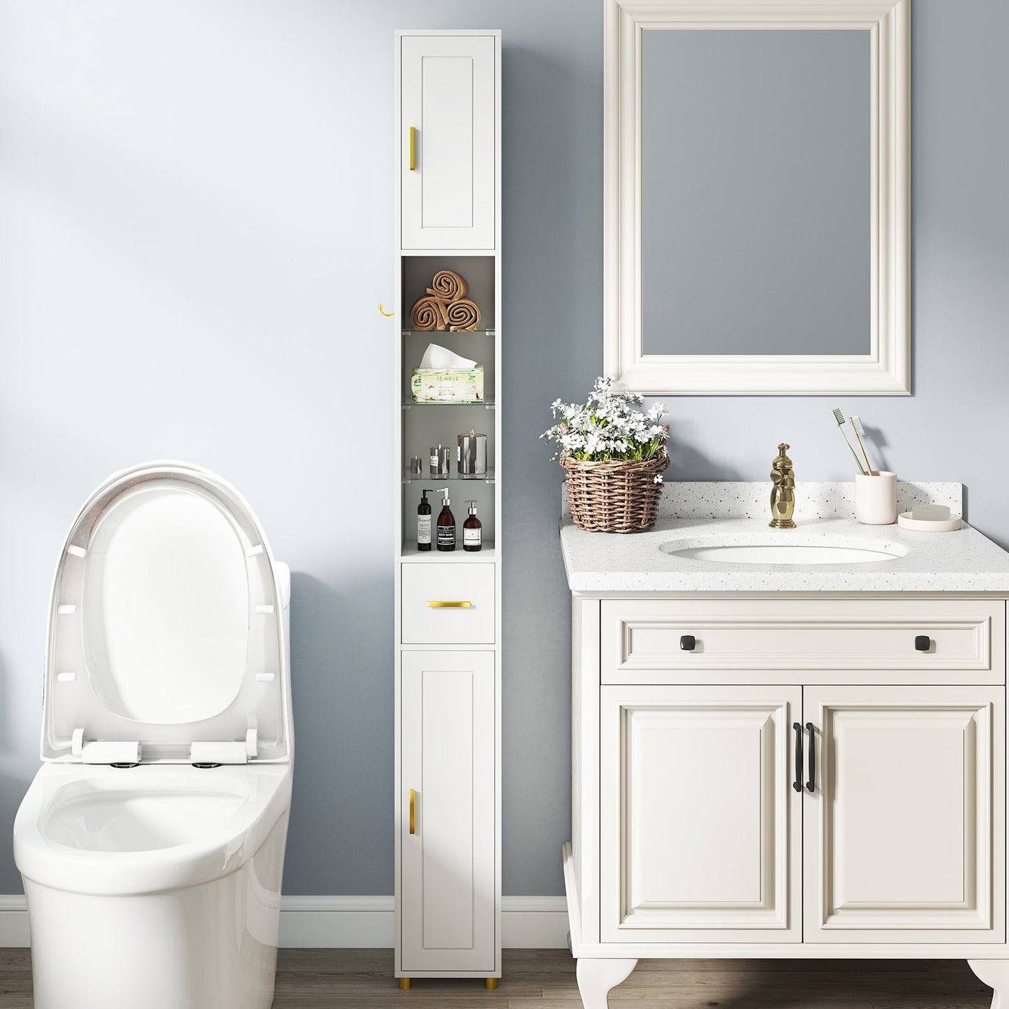 181 cm Tall Bathroom Cabinet, Narrow Storage Organizer w/ 3 Doors & Adjustable Shelves