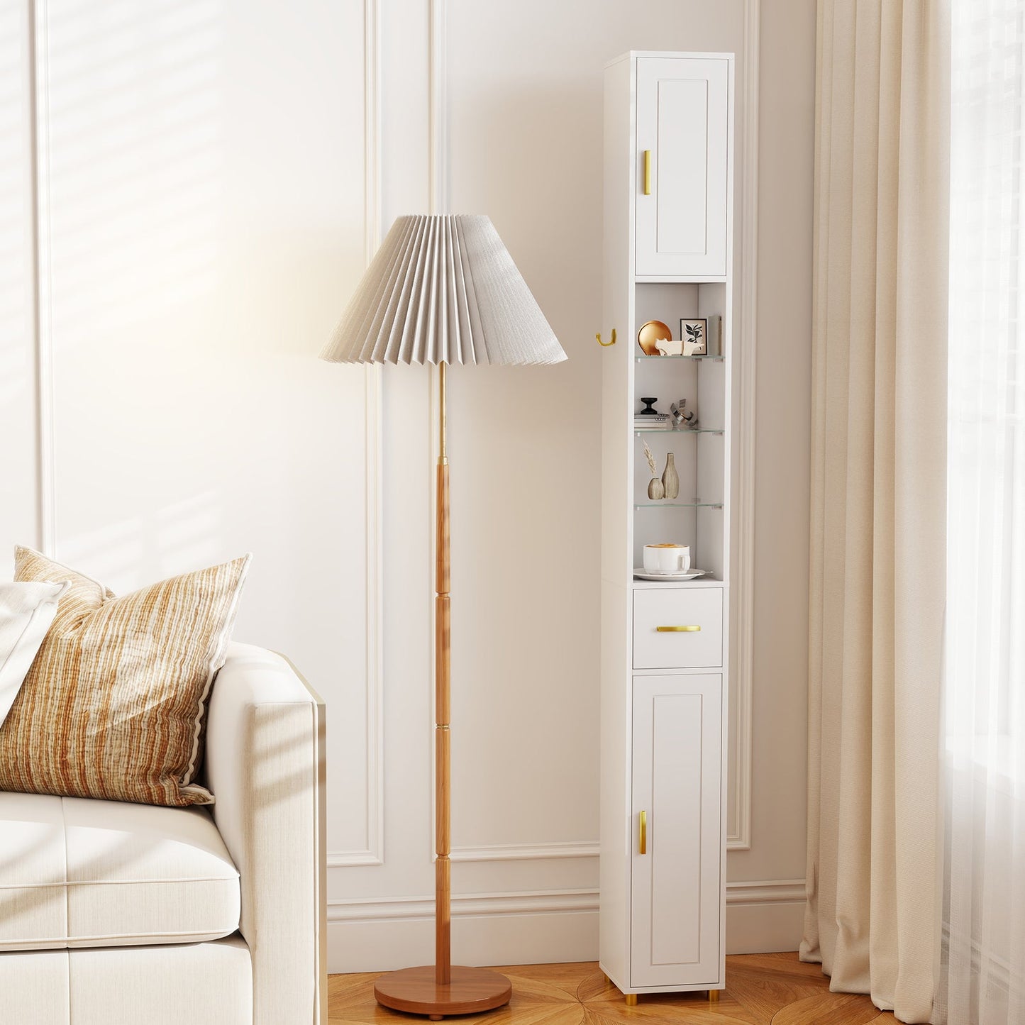 181 cm Tall Bathroom Cabinet, Narrow Storage Organizer w/ 3 Doors & Adjustable Shelves