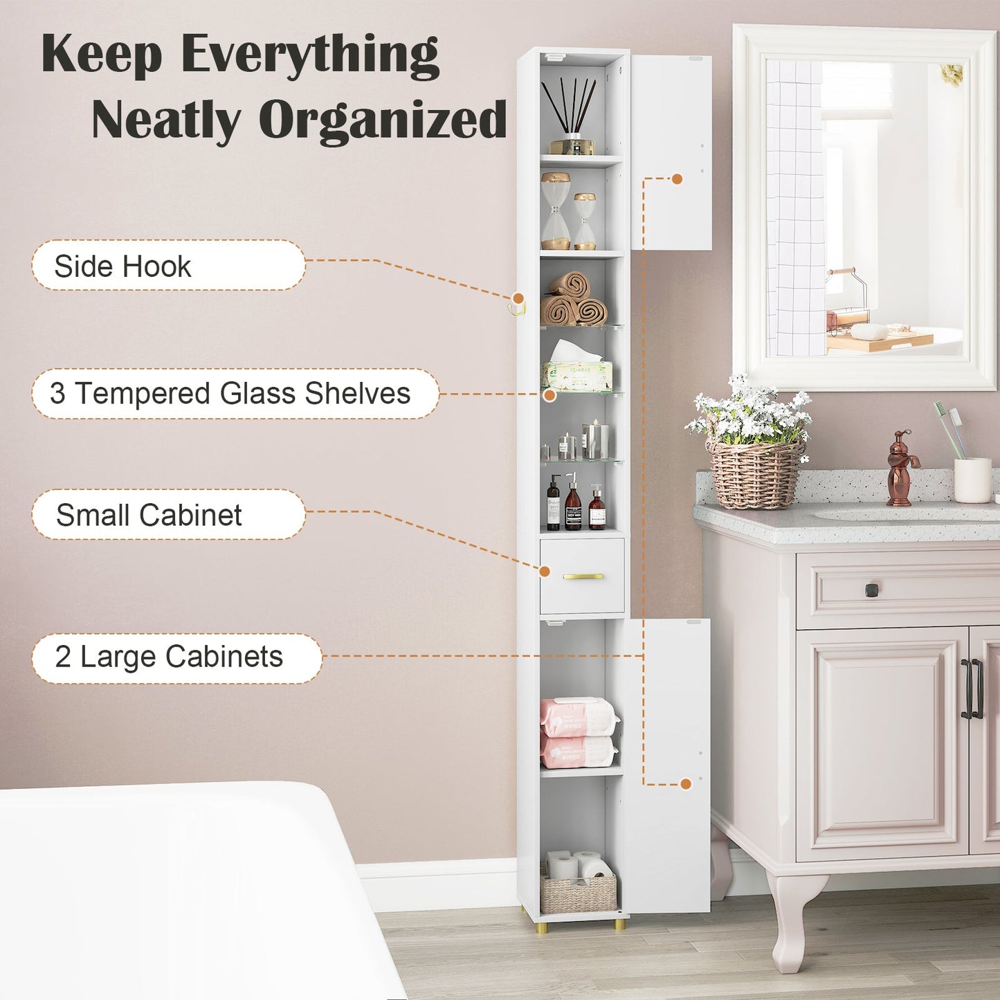 181 cm Tall Bathroom Cabinet, Narrow Storage Organizer w/ 3 Doors & Adjustable Shelves