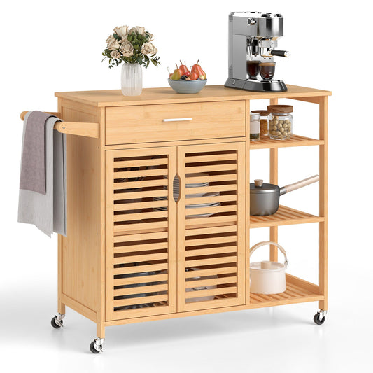 Kitchen Island Cart on Wheels, Portable Storage Cabinet w/Sturdy Bamboo Frame