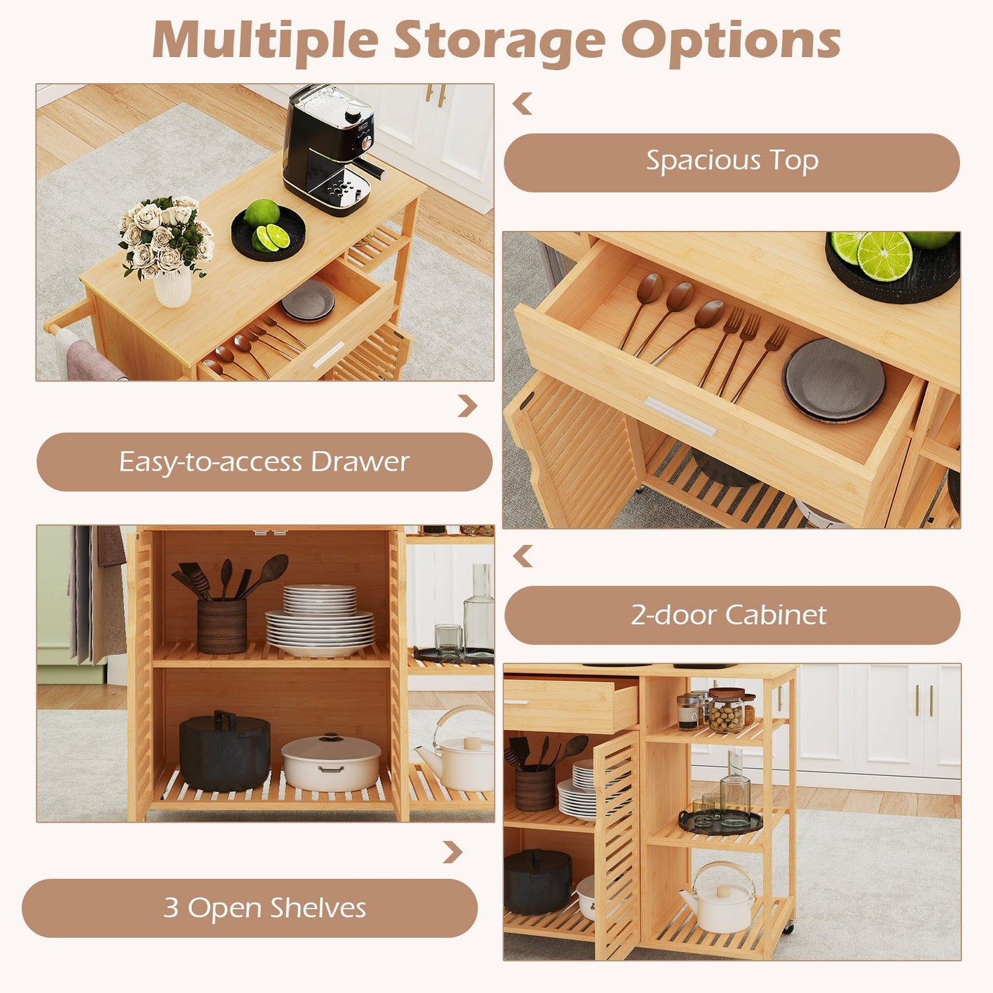 Kitchen Island Cart on Wheels, Portable Storage Cabinet w/Sturdy Bamboo Frame