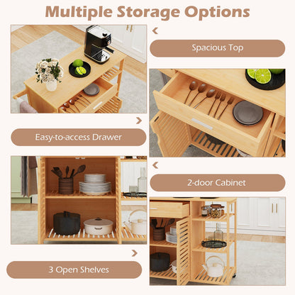 Kitchen Island Cart on Wheels, Portable Storage Cabinet w/Sturdy Bamboo Frame