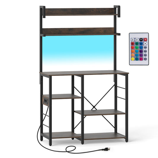 Kitchen Bakers Rack with Power Outlet, 5-Tier Microwave Oven Stand with LED Lights