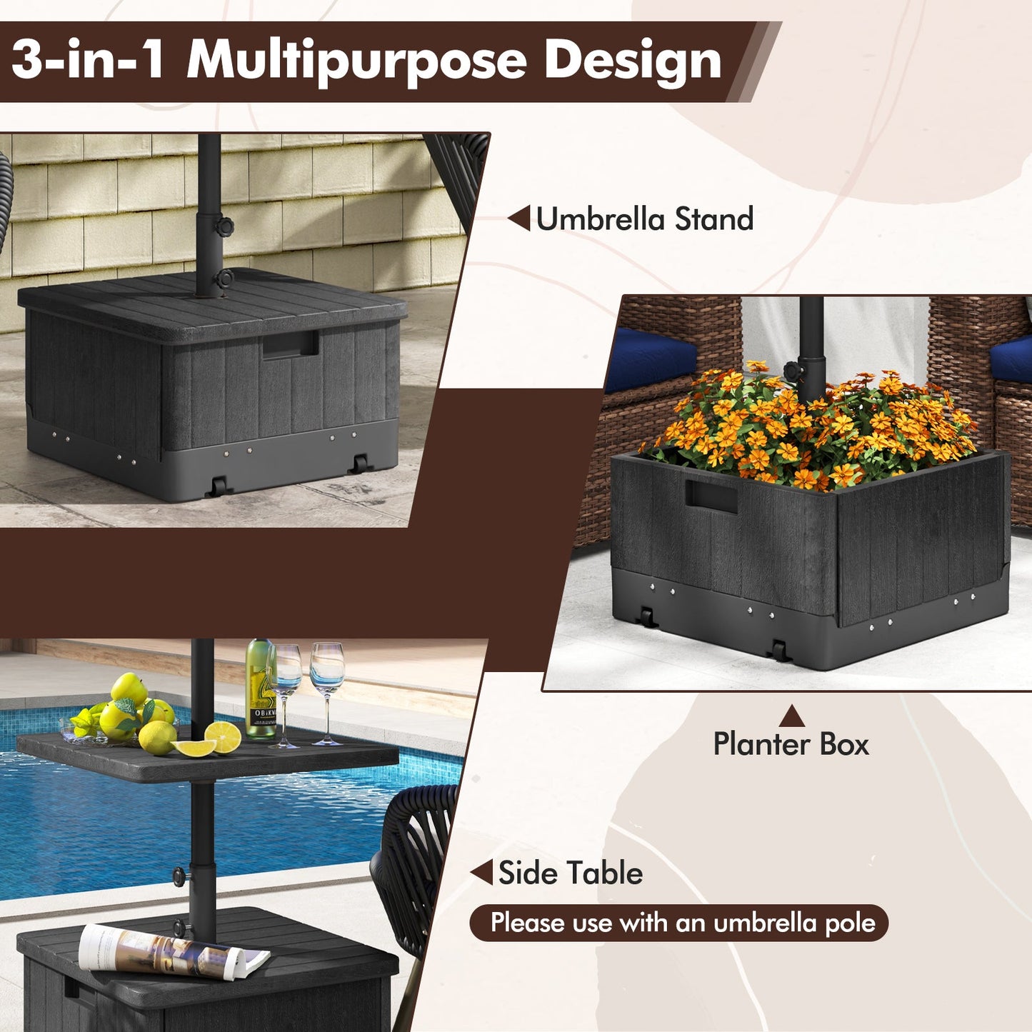 80kg Outdoor Fillable Umbrella Base w/ Table Tray, Weighted Bag, Wheel, Handle