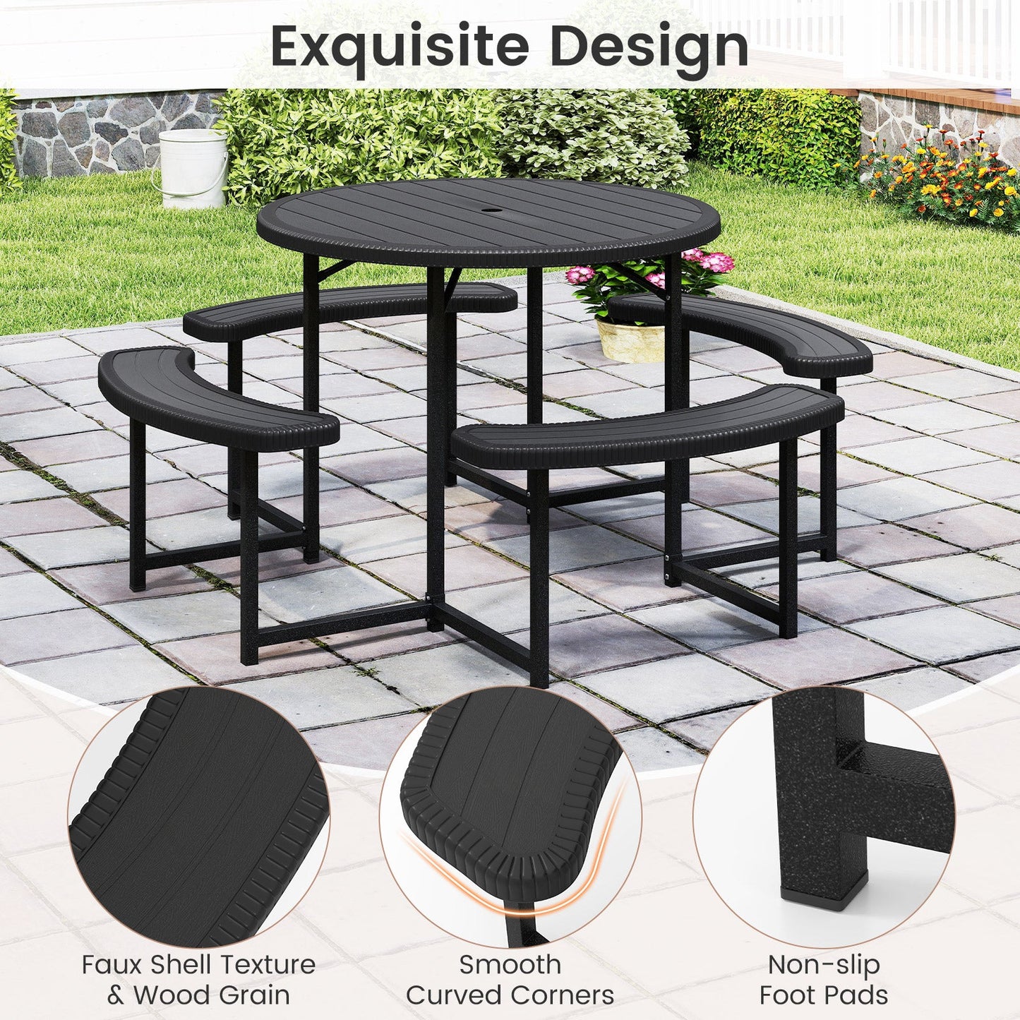 Round Picnic Table Bench Set, Outdoor Circular Picnic Table with 4 Benches