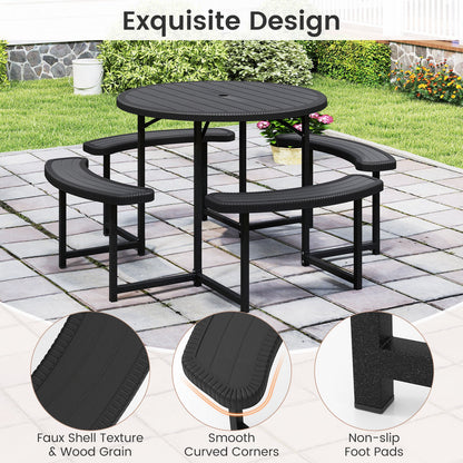 Round Picnic Table Bench Set, Outdoor Circular Picnic Table with 4 Benches