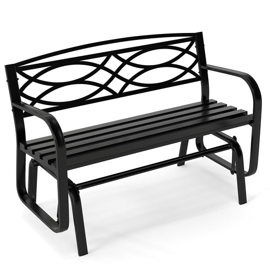 Patio Rocking Loveseat Chair with Metal Frame, Armrests, Geometric Backrest and Slatted Seat for Porch