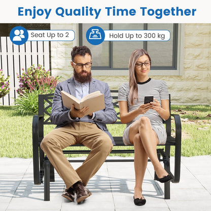 Patio Rocking Loveseat Chair with Metal Frame, Armrests, Geometric Backrest and Slatted Seat for Porch