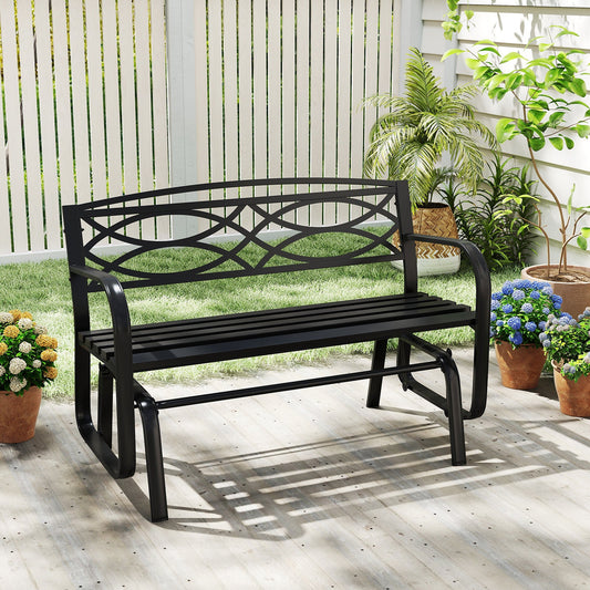 Patio Rocking Loveseat Chair with Metal Frame, Armrests, Geometric Backrest and Slatted Seat for Porch