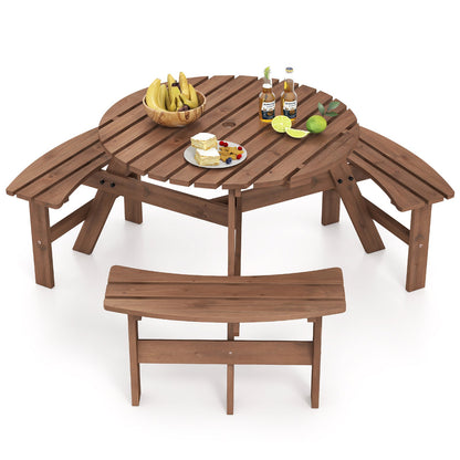 Round Picnic Table Set Patio Dining Camping Table w/ Built-in 3 Benches