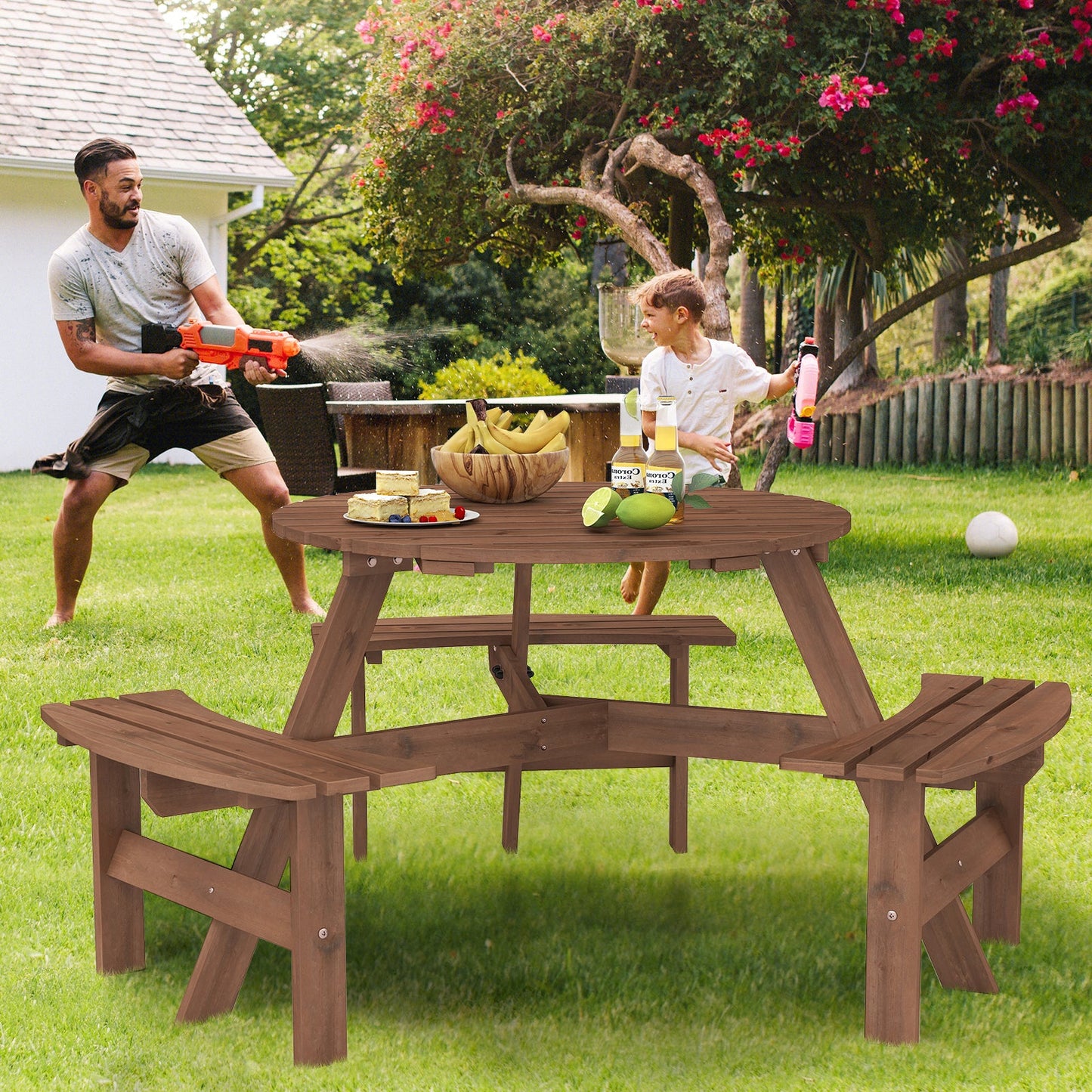 Round Picnic Table Set Patio Dining Camping Table w/ Built-in 3 Benches