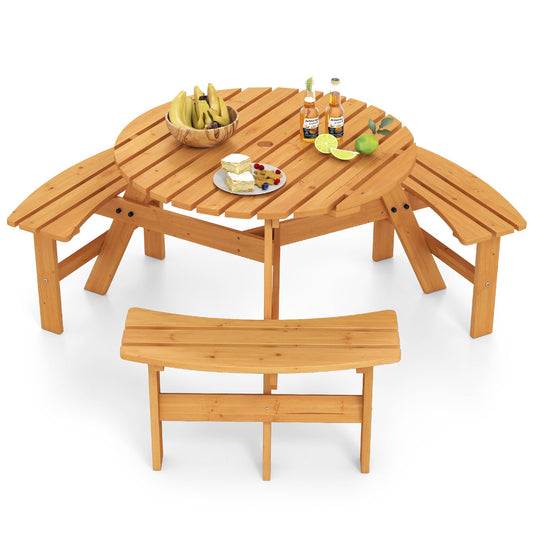 Round Picnic Table Set Patio Dining Camping Table w/ Built-in 3 Benches