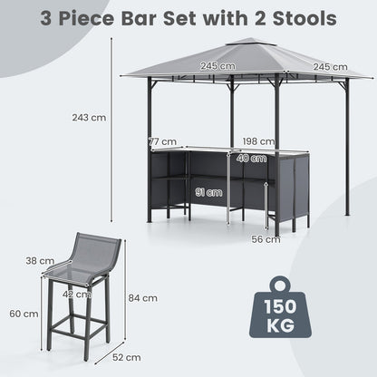 3-Piece Patio Bar Set, 2.5 x 2.5 m Double-Tier Grill Gazebo w/ 2 Bar Stools