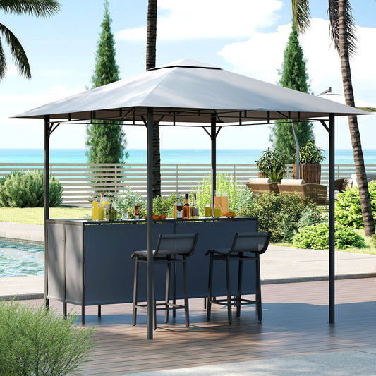 3-Piece Patio Bar Set, 2.5 x 2.5 m Double-Tier Grill Gazebo w/ 2 Bar Stools