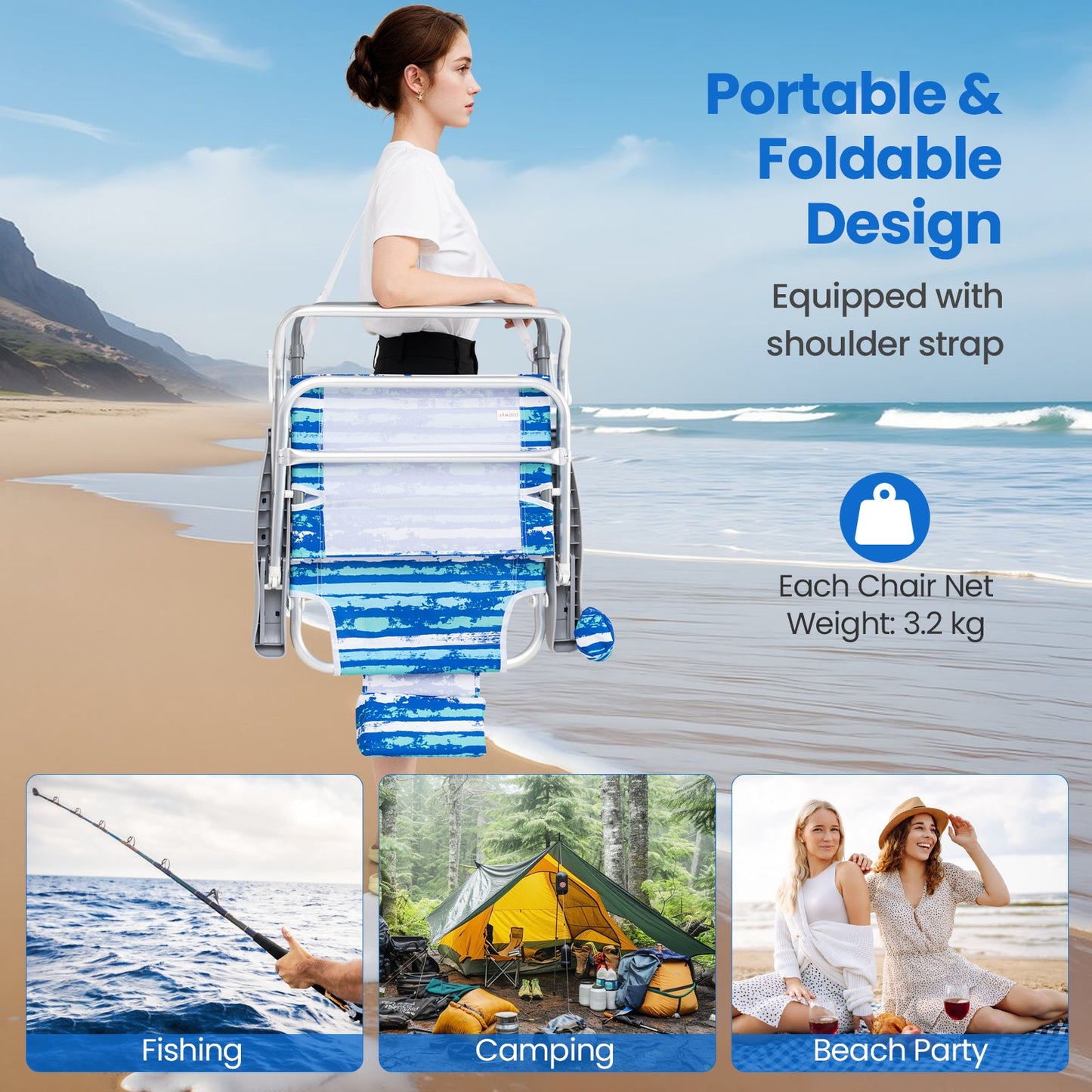 2 Pack Folding Beach Chair, Lightweight Lay Flat Lounge Chair