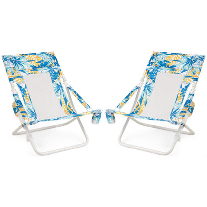 Folding Low Beach Chair, Set of 2, Patio Sling Chairs w/ Padded Head Pillow