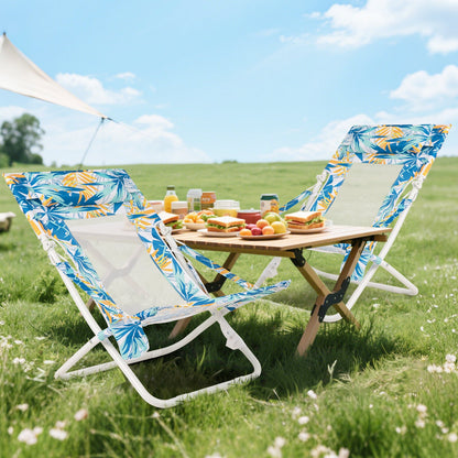 Folding Low Beach Chair, Set of 2, Patio Sling Chairs w/ Padded Head Pillow