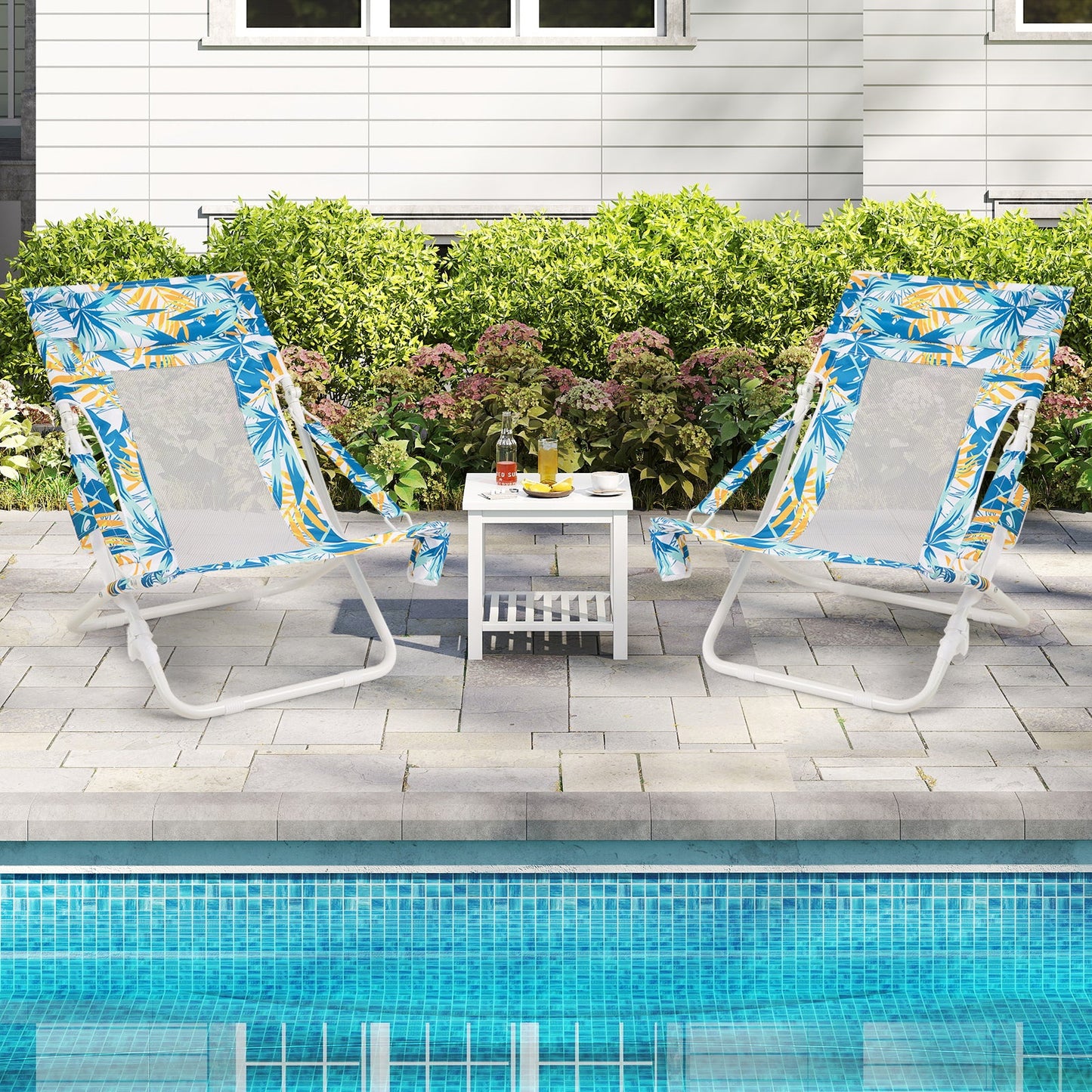 Folding Low Beach Chair, Set of 2, Patio Sling Chairs w/ Padded Head Pillow