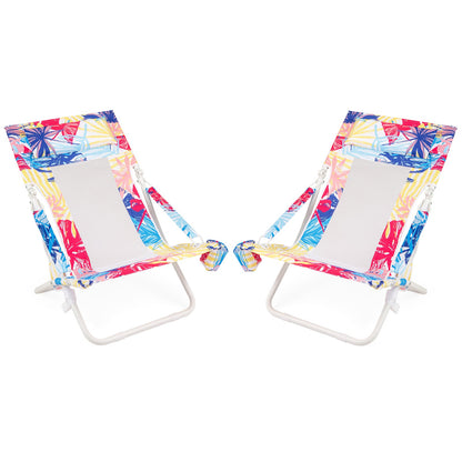 Folding Low Beach Chair, Set of 2, Patio Sling Chairs w/ Padded Head Pillow