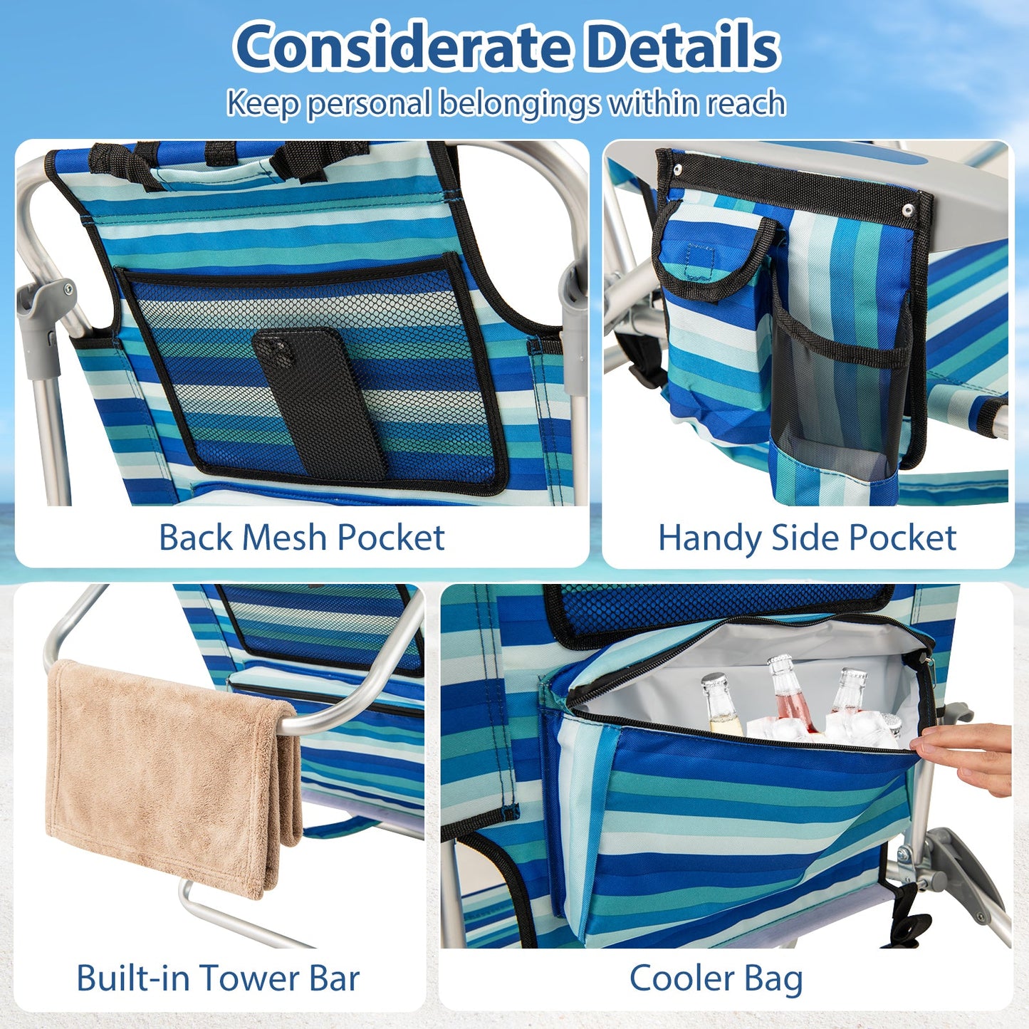 Folding Beach Chair for Adults, Portable Lightweight Aluminum Frame Low Sand Chair