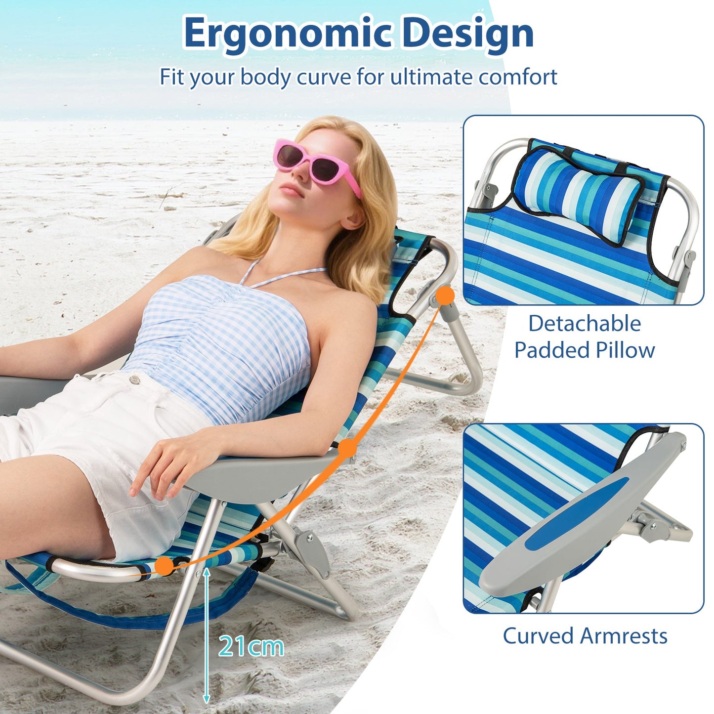 Folding Beach Chair for Adults, Portable Lightweight Aluminum Frame Low Sand Chair