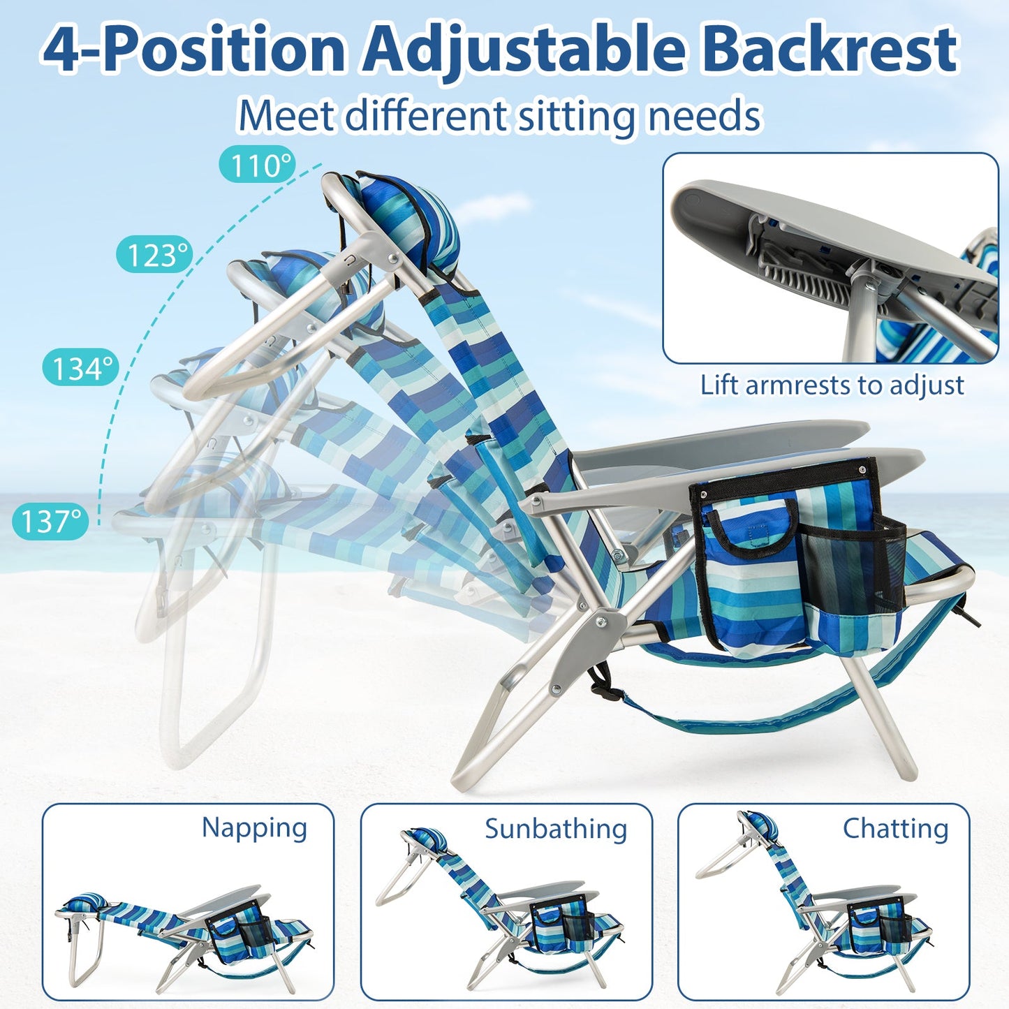 Folding Beach Chair for Adults, Portable Lightweight Aluminum Frame Low Sand Chair