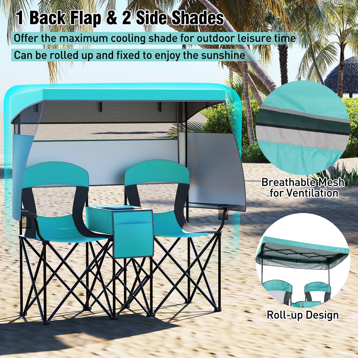 Double Beach Chair w/ Adjustable Canopy, 3 -Side Shading Curtains