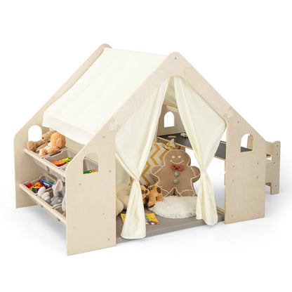 6-in-1 Kids Playhouse Wooden Indoor Play Tent w/ Blackboard