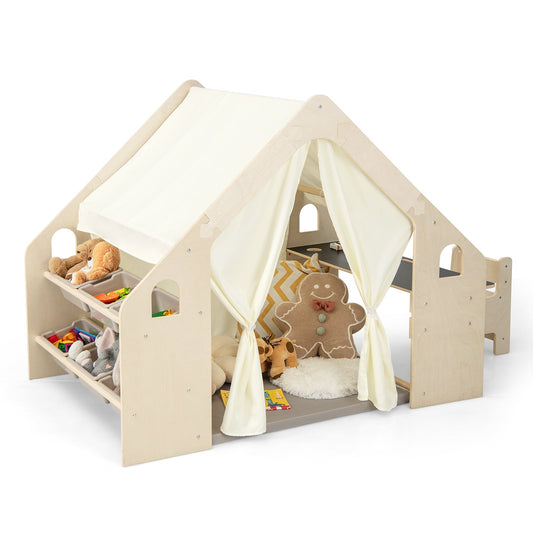 6-in-1 Kids Playhouse Wooden Indoor Play Tent w/ Blackboard