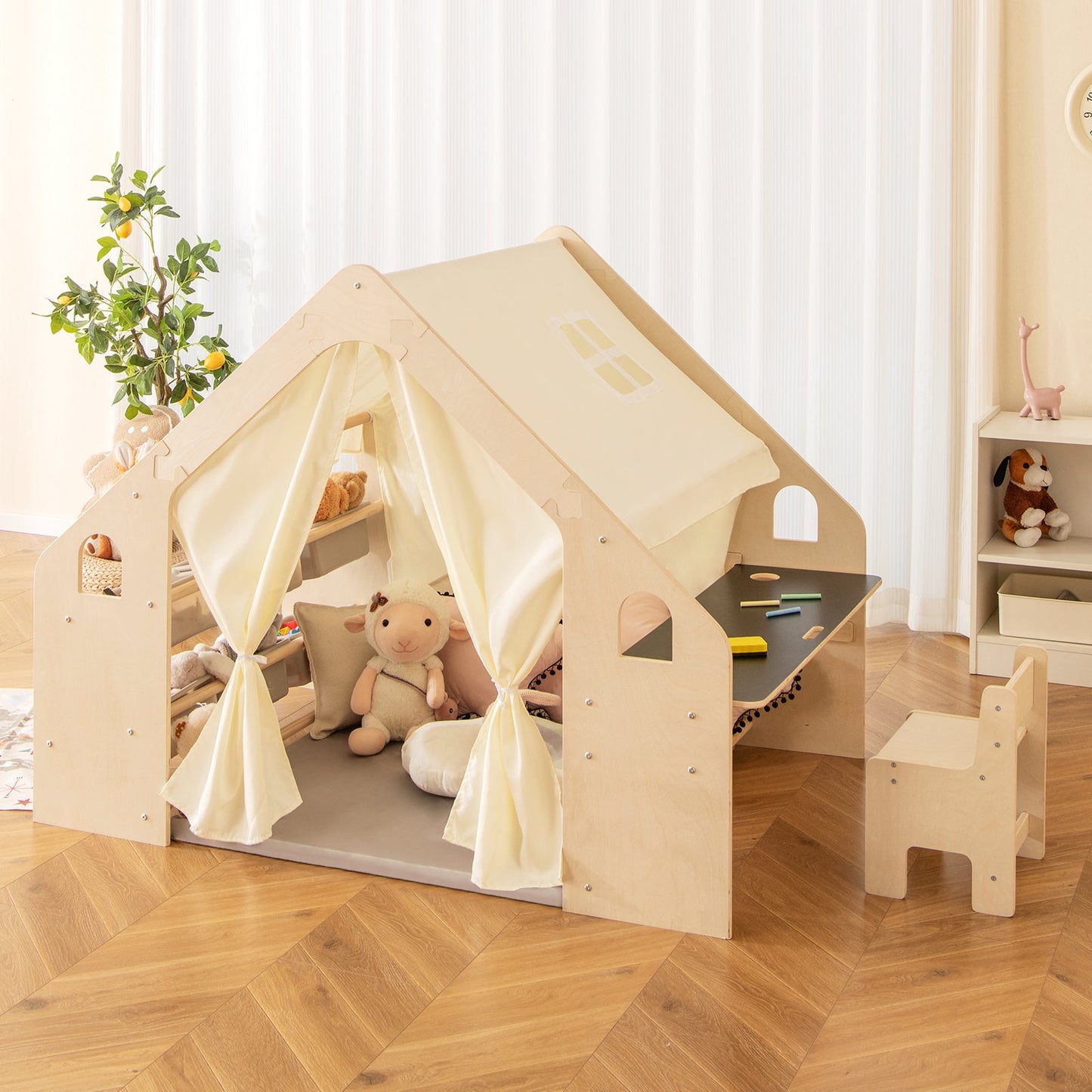 6-in-1 Kids Playhouse Wooden Indoor Play Tent w/ Blackboard
