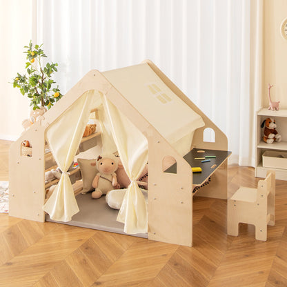 6-in-1 Kids Playhouse Wooden Indoor Play Tent w/ Blackboard