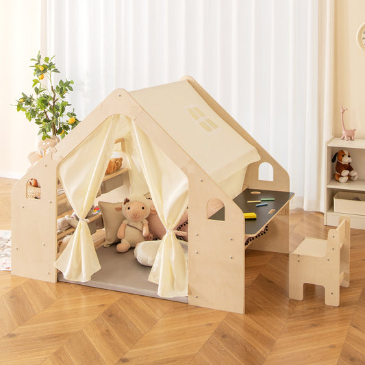 6-in-1 Kids Playhouse Wooden Indoor Play Tent w/ Blackboard