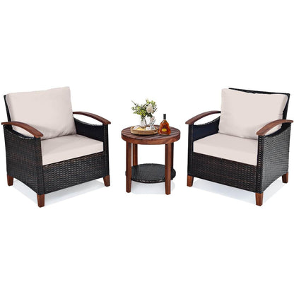 3 Piece Patio Sofa Set, 2 Rattan Chairs w/ 2-Tier Coffee Table