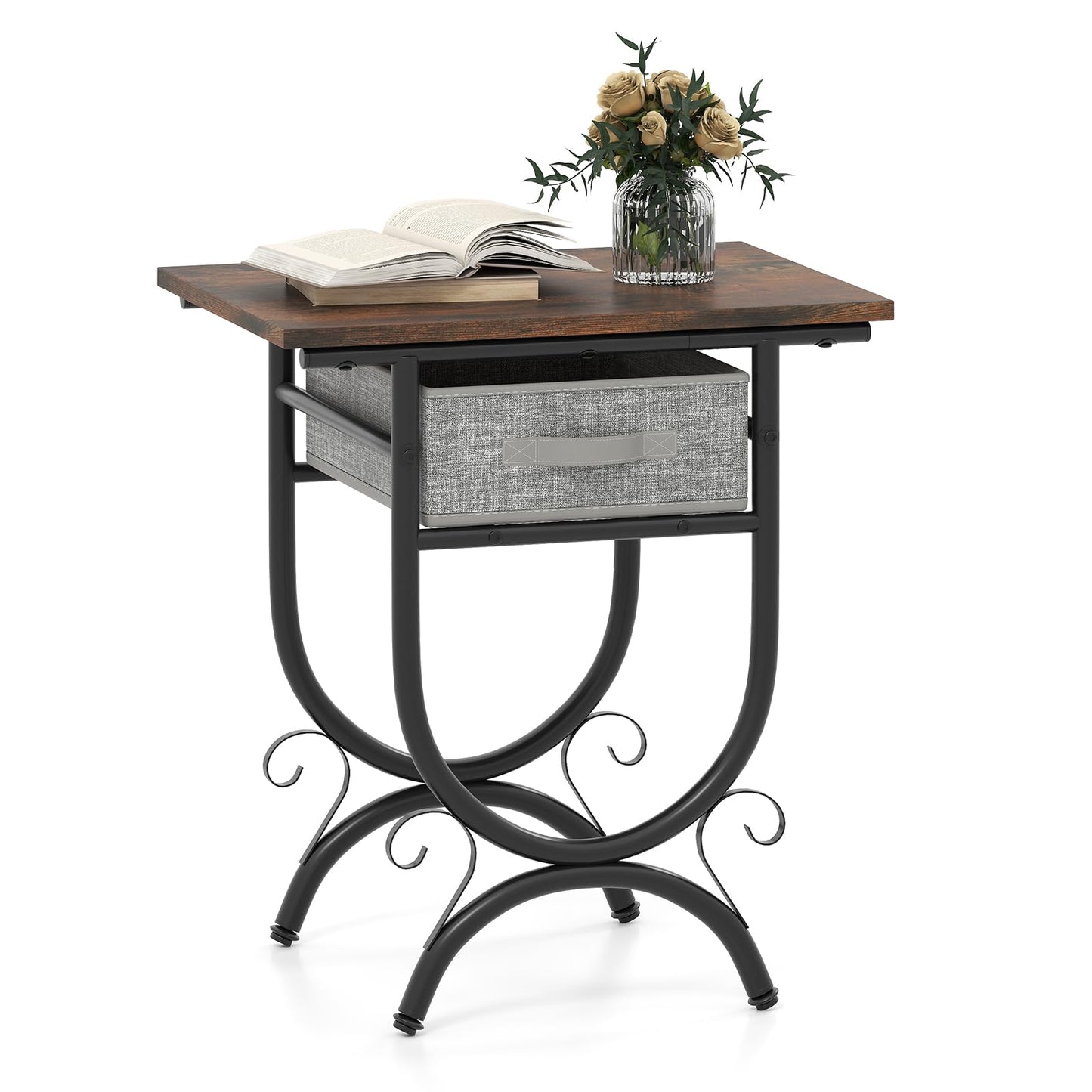 Side Table with Fabric Drawer, Nightstand with Carved Metal Frame