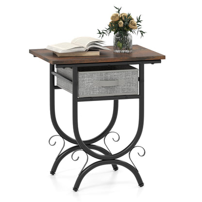 Side Table with Fabric Drawer, Nightstand with Carved Metal Frame