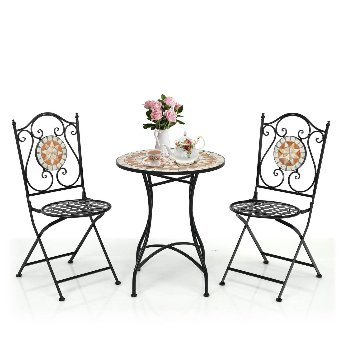 3 Piece Patio Bistro Set, Mosaic Pattern Metal Dining Set